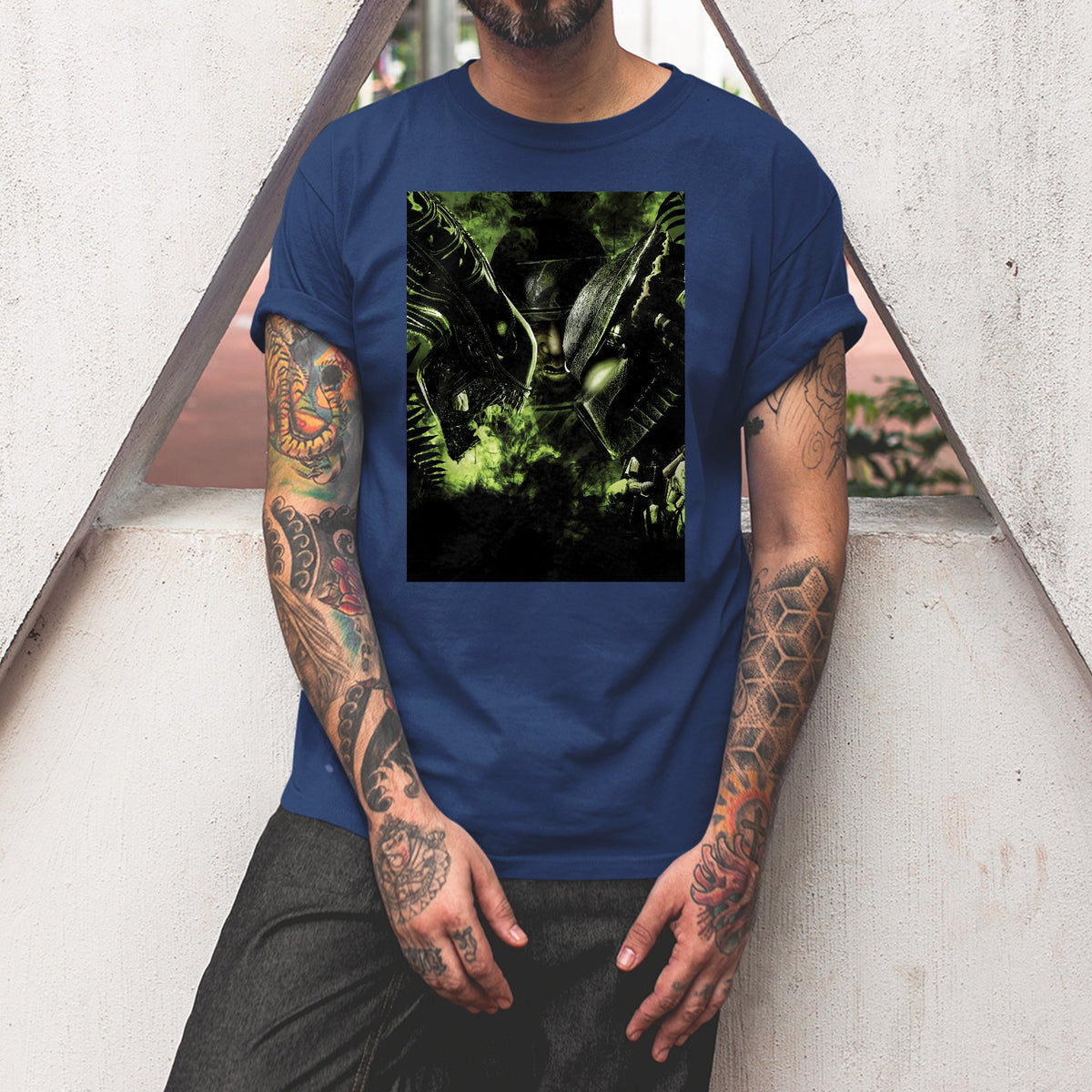 Aliens vs. Predator promotional art tee worn by a model, navy