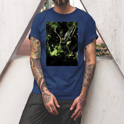 Aliens vs. Predator promotional art tee worn by a model, navy