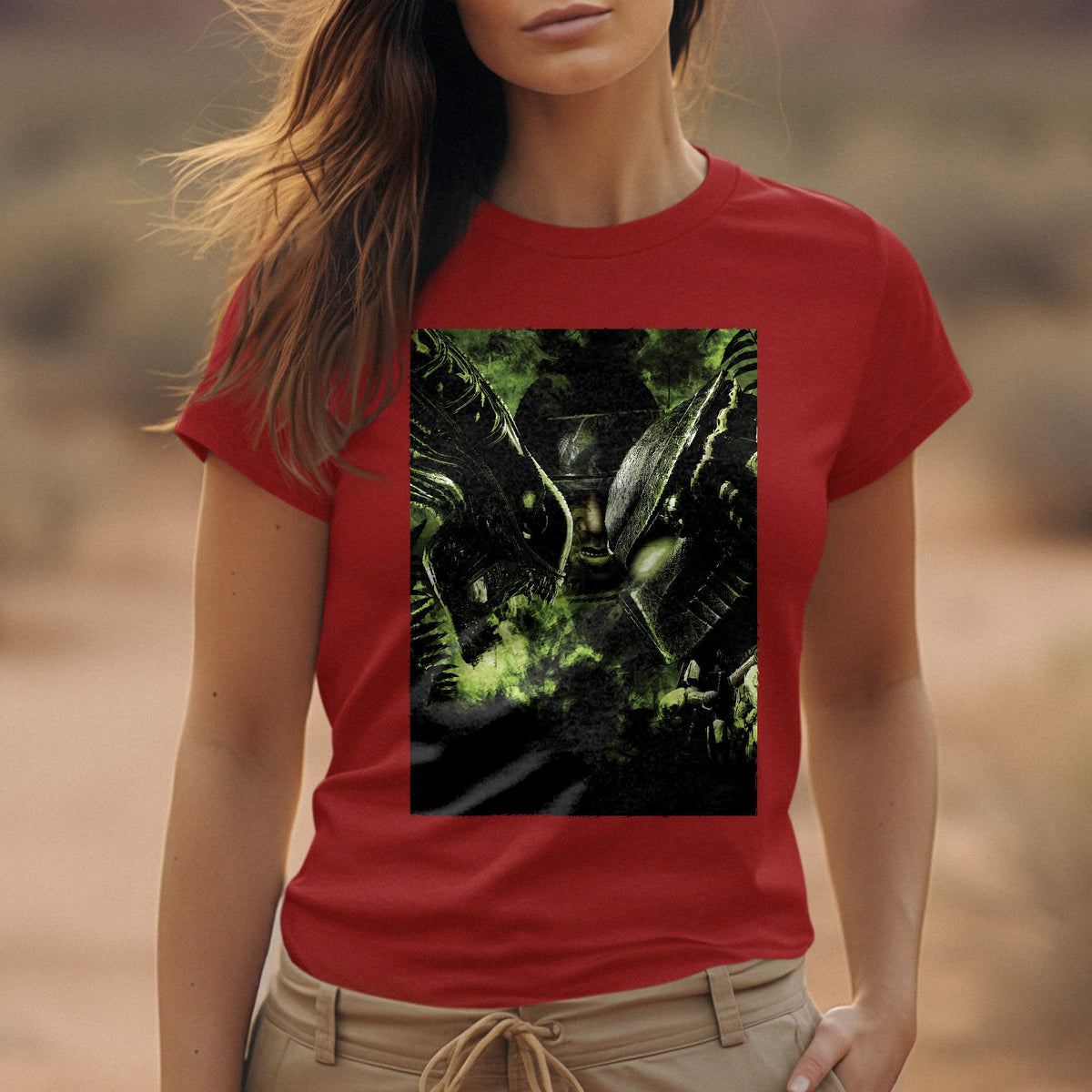 Aliens vs. Predator promotional art tee worn by a model, red