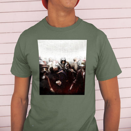 Assassin's Creed II assassination promo art tee worn by a model in a cap, green