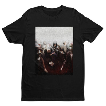 Assassin's Creed II assassination promo art tee - black unisex t-shirt, front view