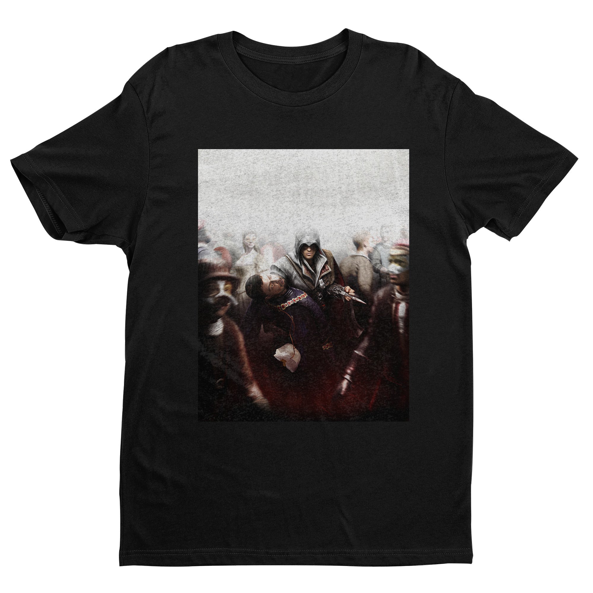 Assassin's Creed II assassination promo art tee - black unisex t-shirt, front view