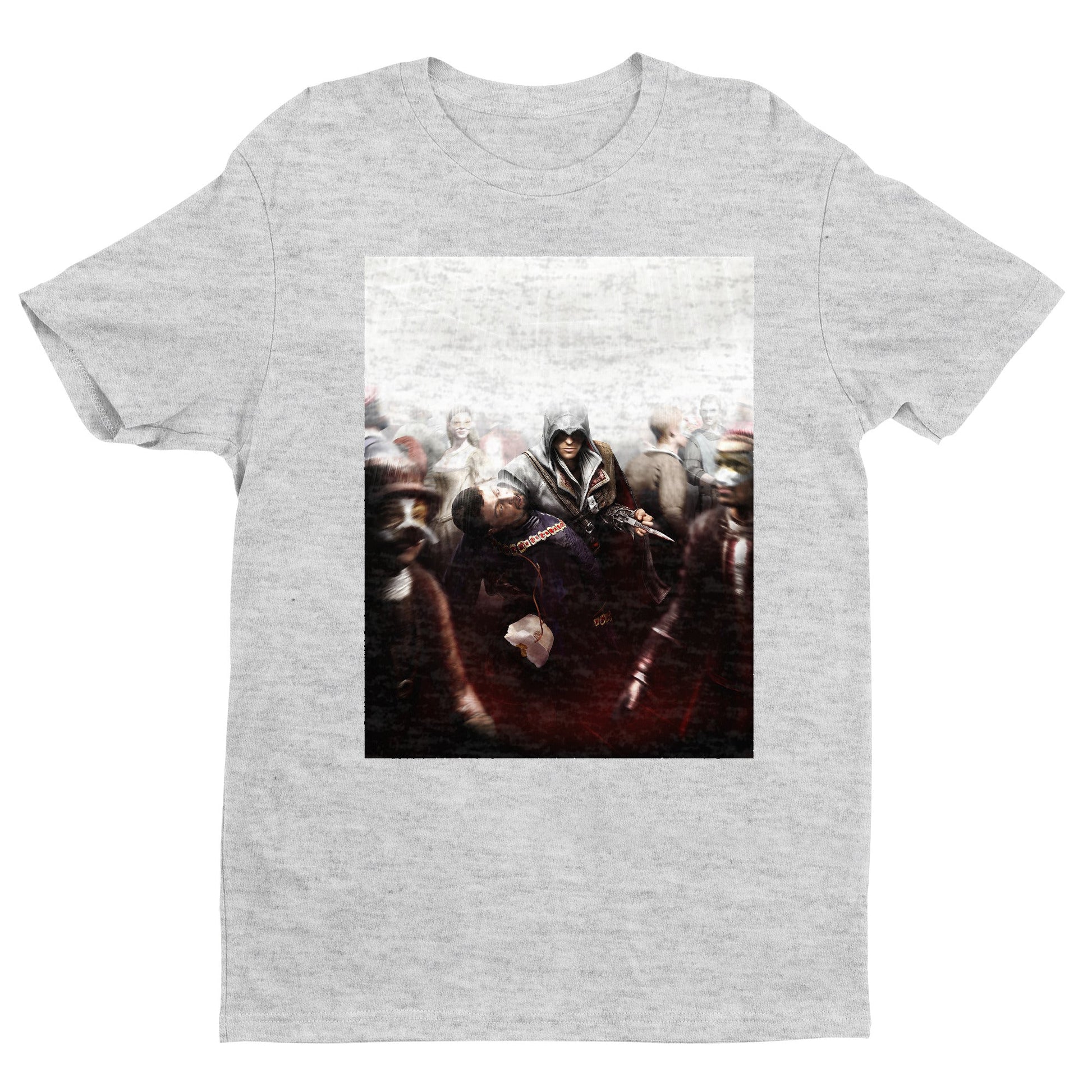 Assassin's Creed II assassination promo art tee - gray unisex t-shirt, front view