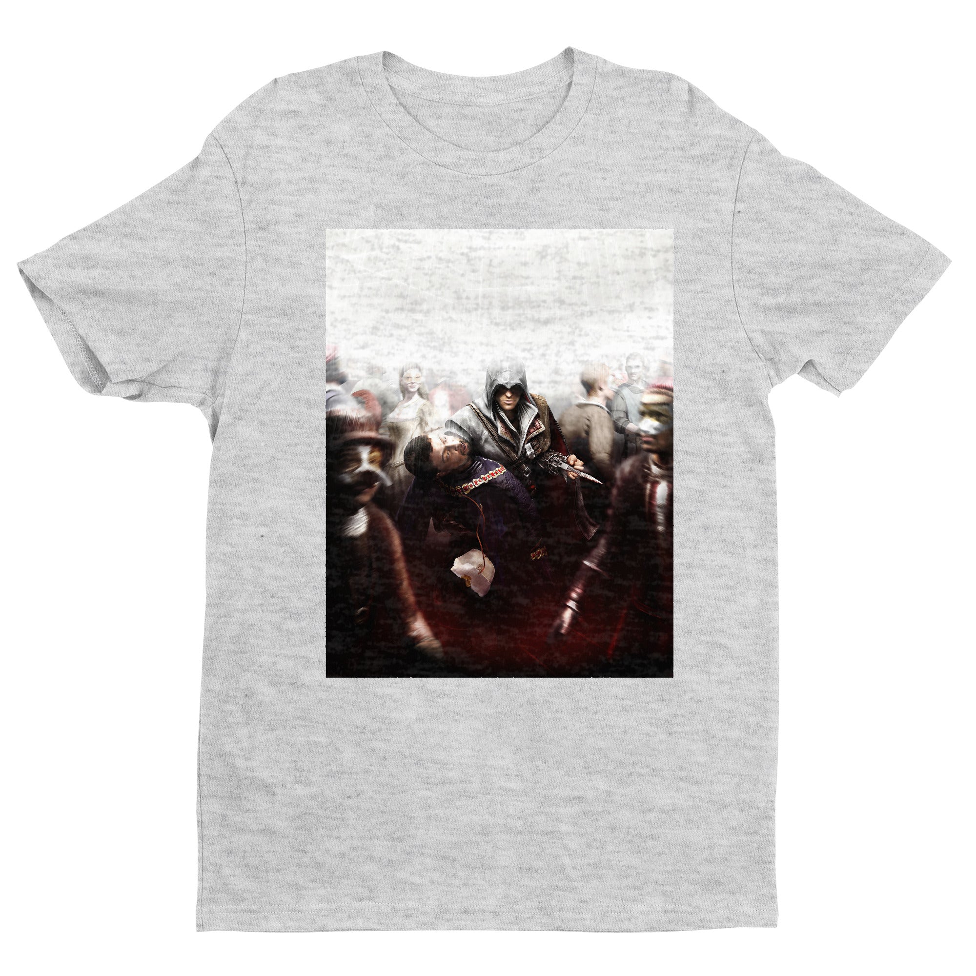 Assassin's Creed II assassination promo art tee - gray unisex t-shirt, front view