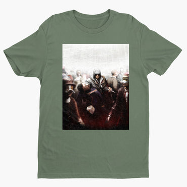 Assassin's Creed II assassination promo art tee - green unisex t-shirt, front view