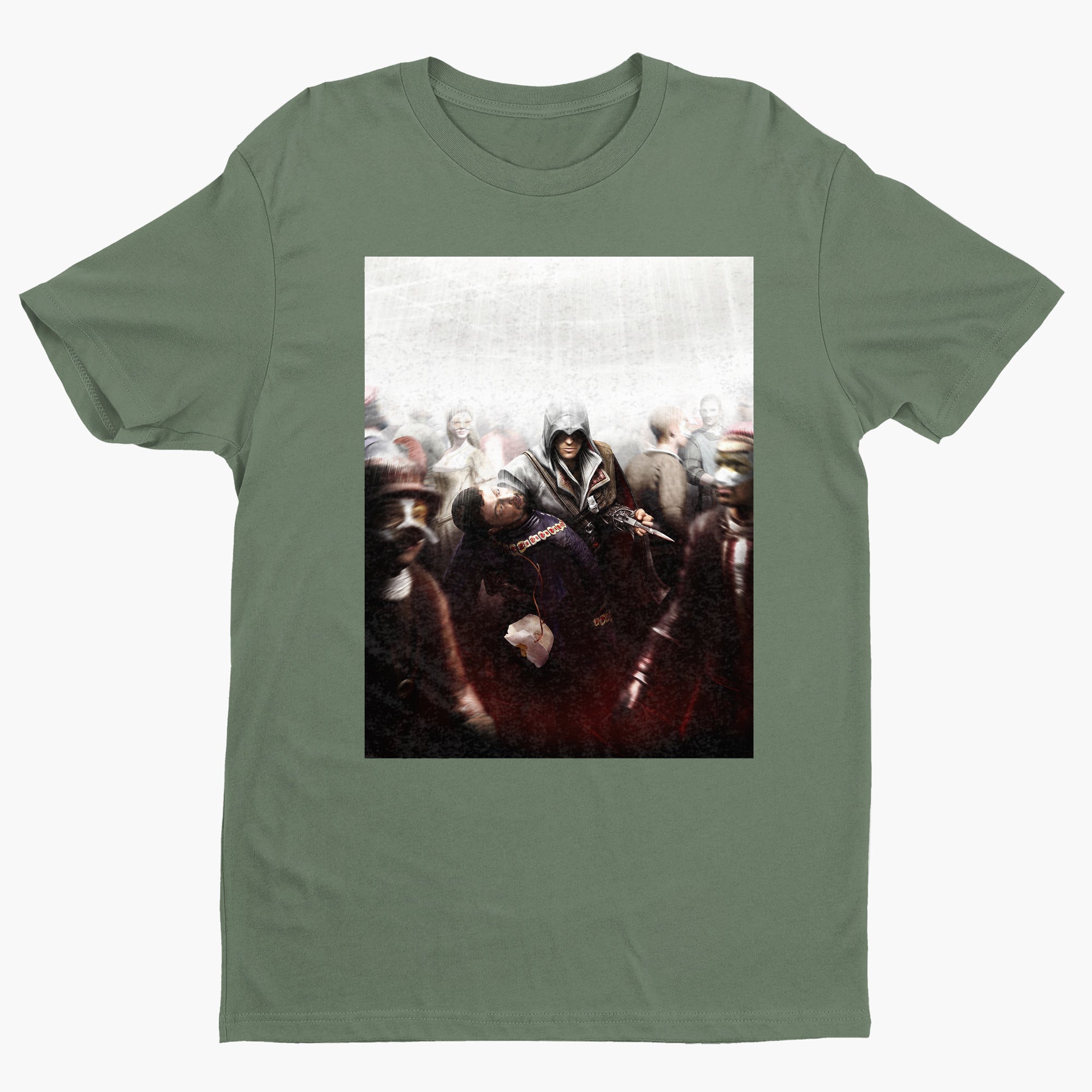 Assassin's Creed II assassination promo art tee - green unisex t-shirt, front view