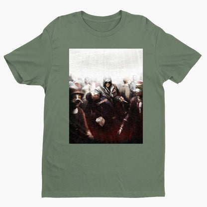 Assassin's Creed II assassination promo art tee - green unisex t-shirt, front view