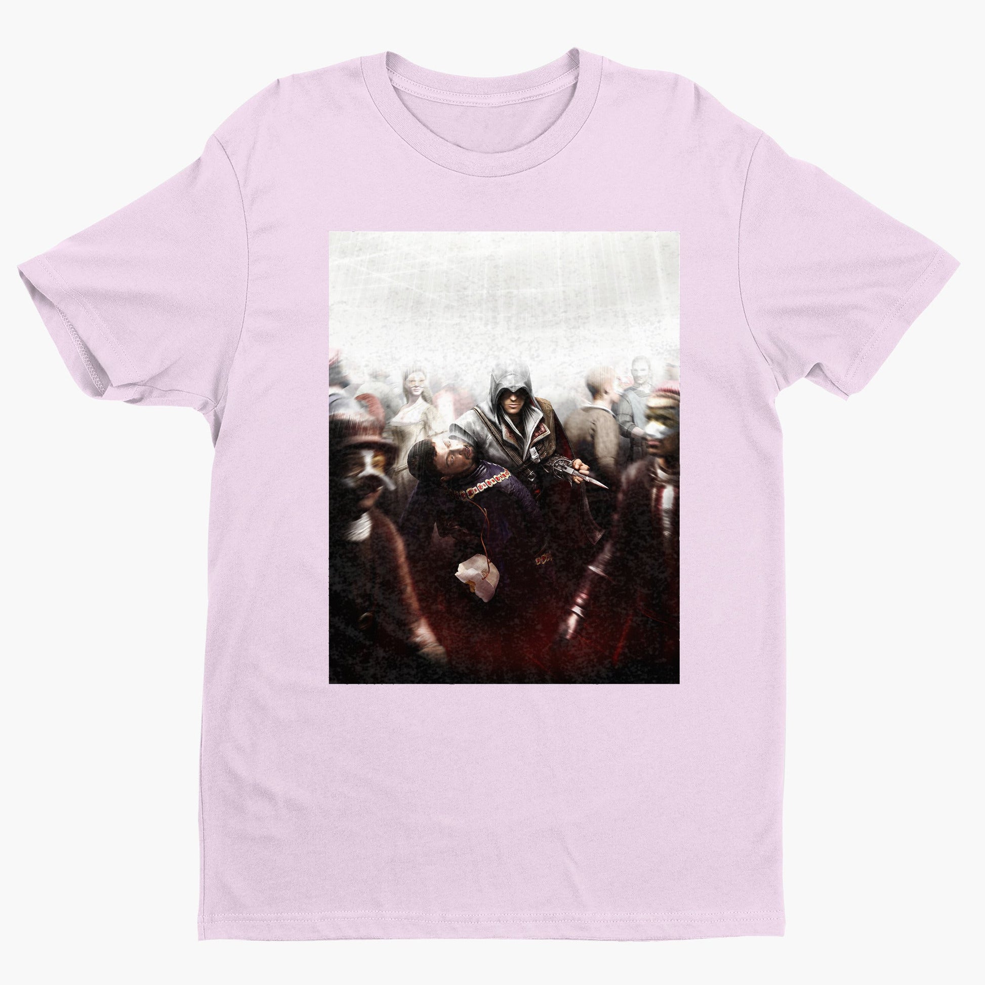 Assassin's Creed II assassination promo art tee - light pink unisex t-shirt, front view
