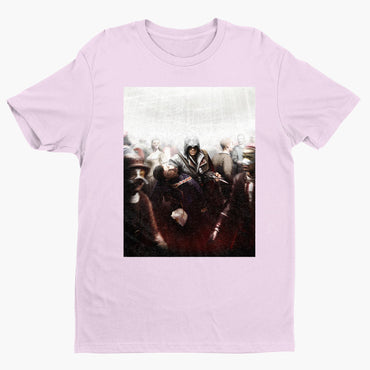 Assassin's Creed II assassination promo art tee - light pink unisex t-shirt, front view