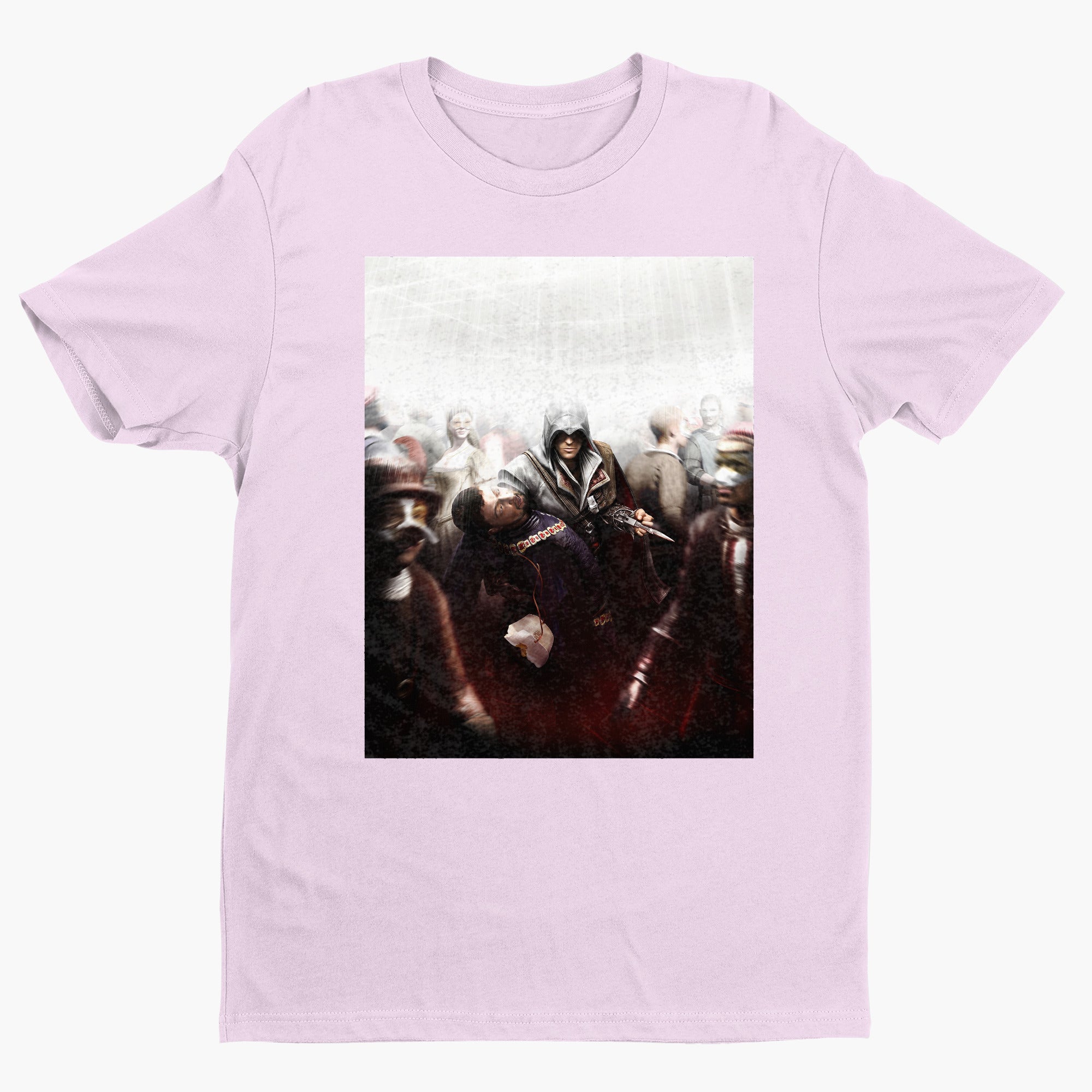 Assassin's Creed II assassination promo art tee - light pink unisex t-shirt, front view