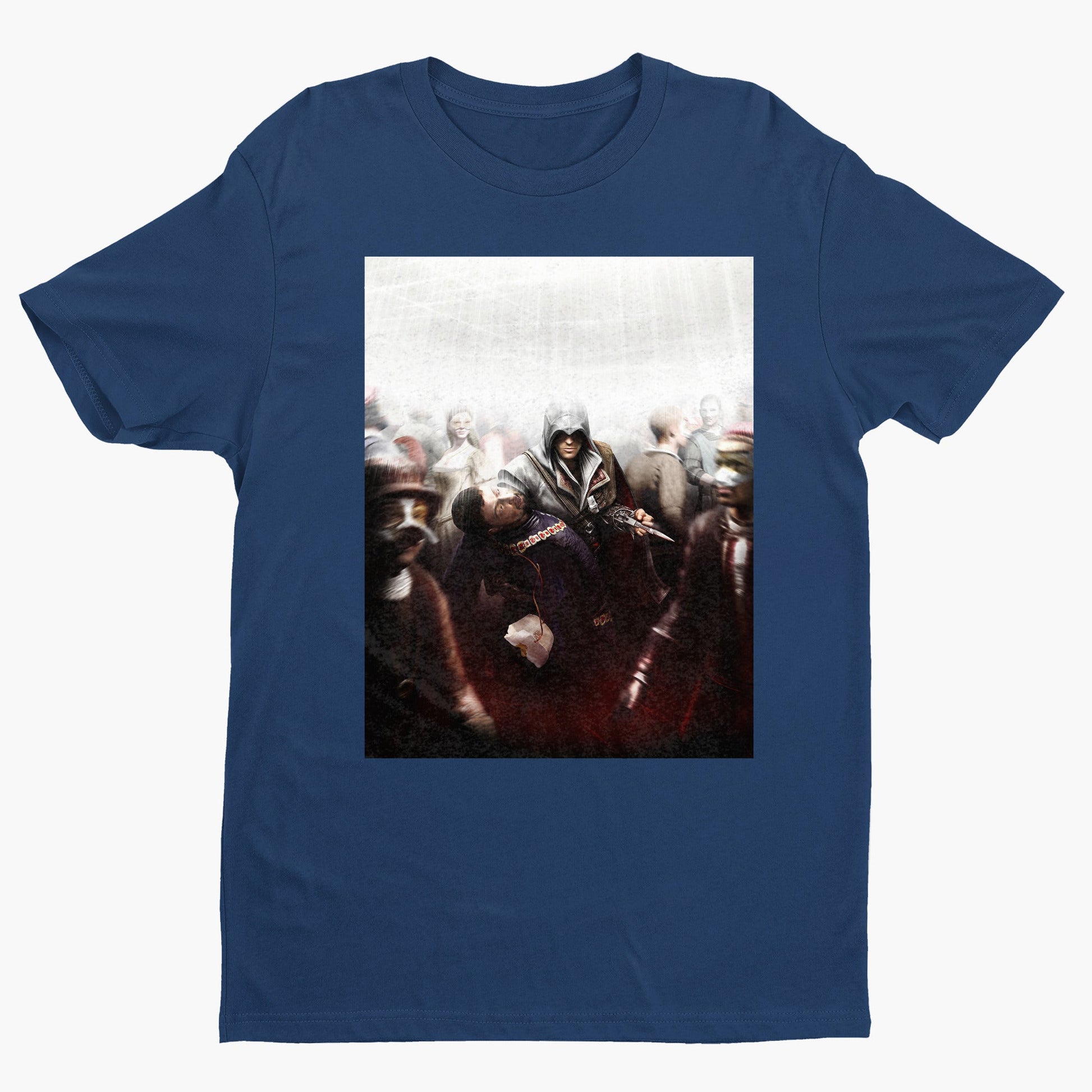 Assassin's Creed II assassination promo art tee - navy unisex t-shirt, front view