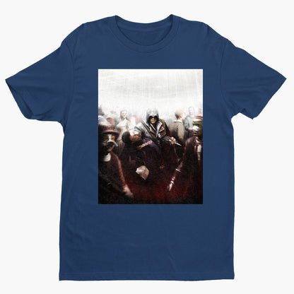 Assassin's Creed II assassination promo art tee - navy unisex t-shirt, front view