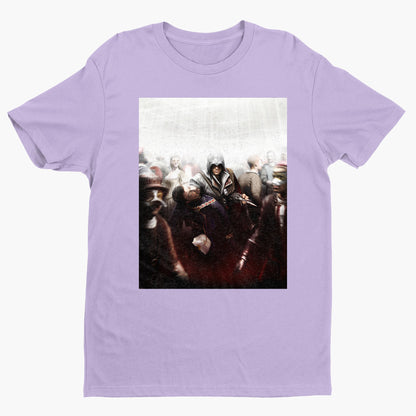 Assassin's Creed II assassination promo art tee - violet unisex t-shirt, front view