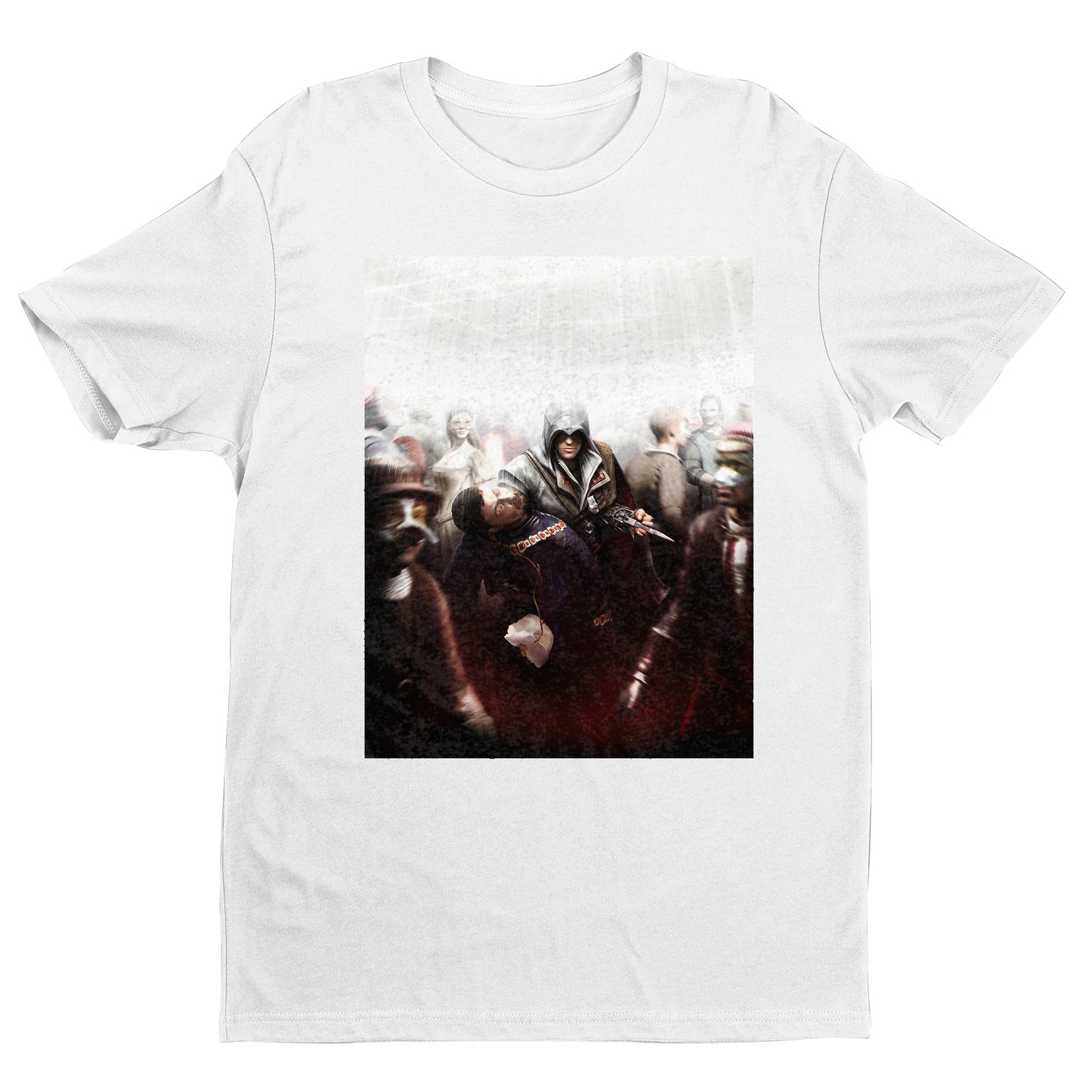 Assassin's Creed II assassination promo art tee - white unisex t-shirt, front view