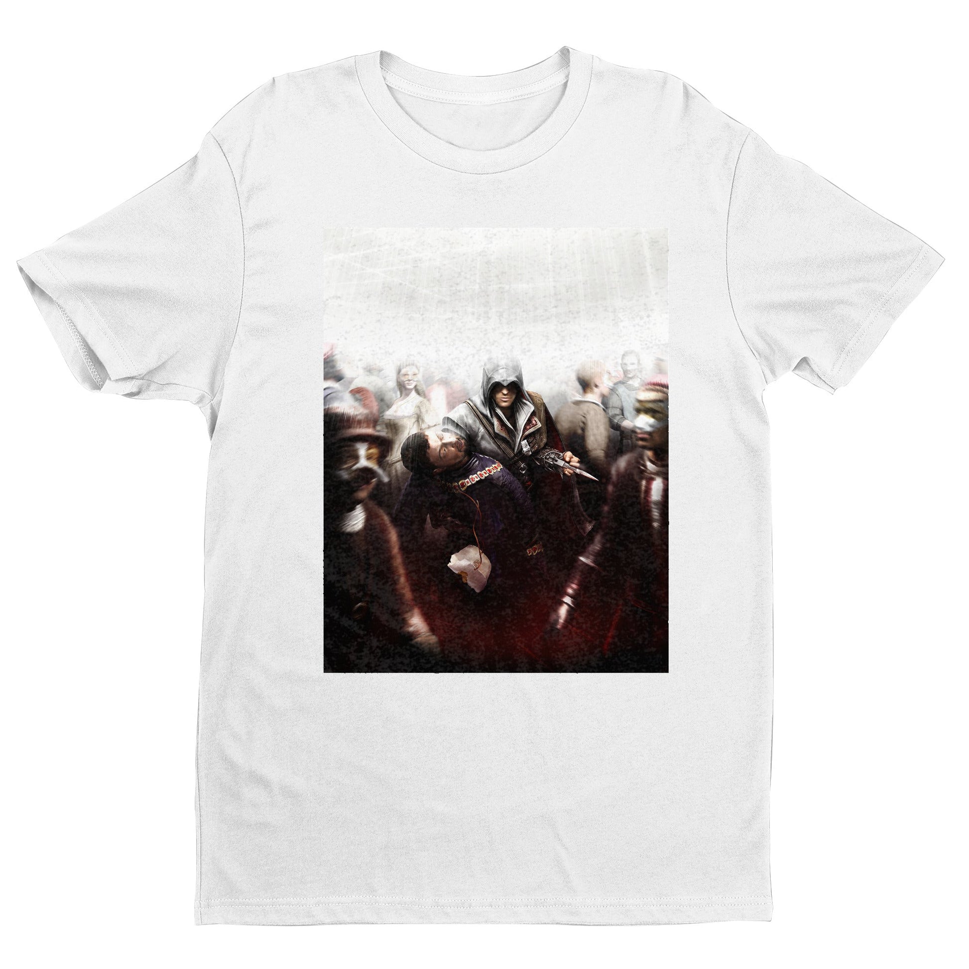 Assassin's Creed II assassination promo art tee - white unisex t-shirt, front view