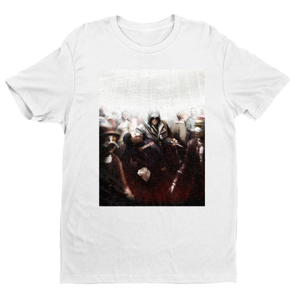 Assassin's Creed II assassination promo art tee - white unisex t-shirt, front view