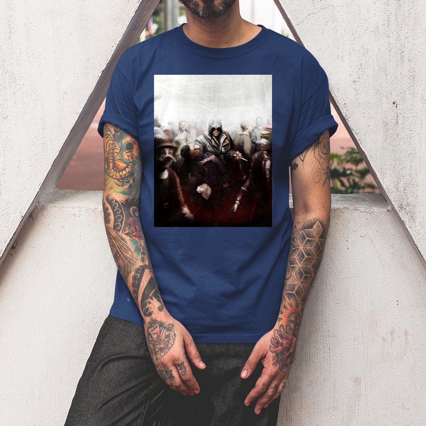 Assassin's Creed II assassination promo art tee worn by a model, navy