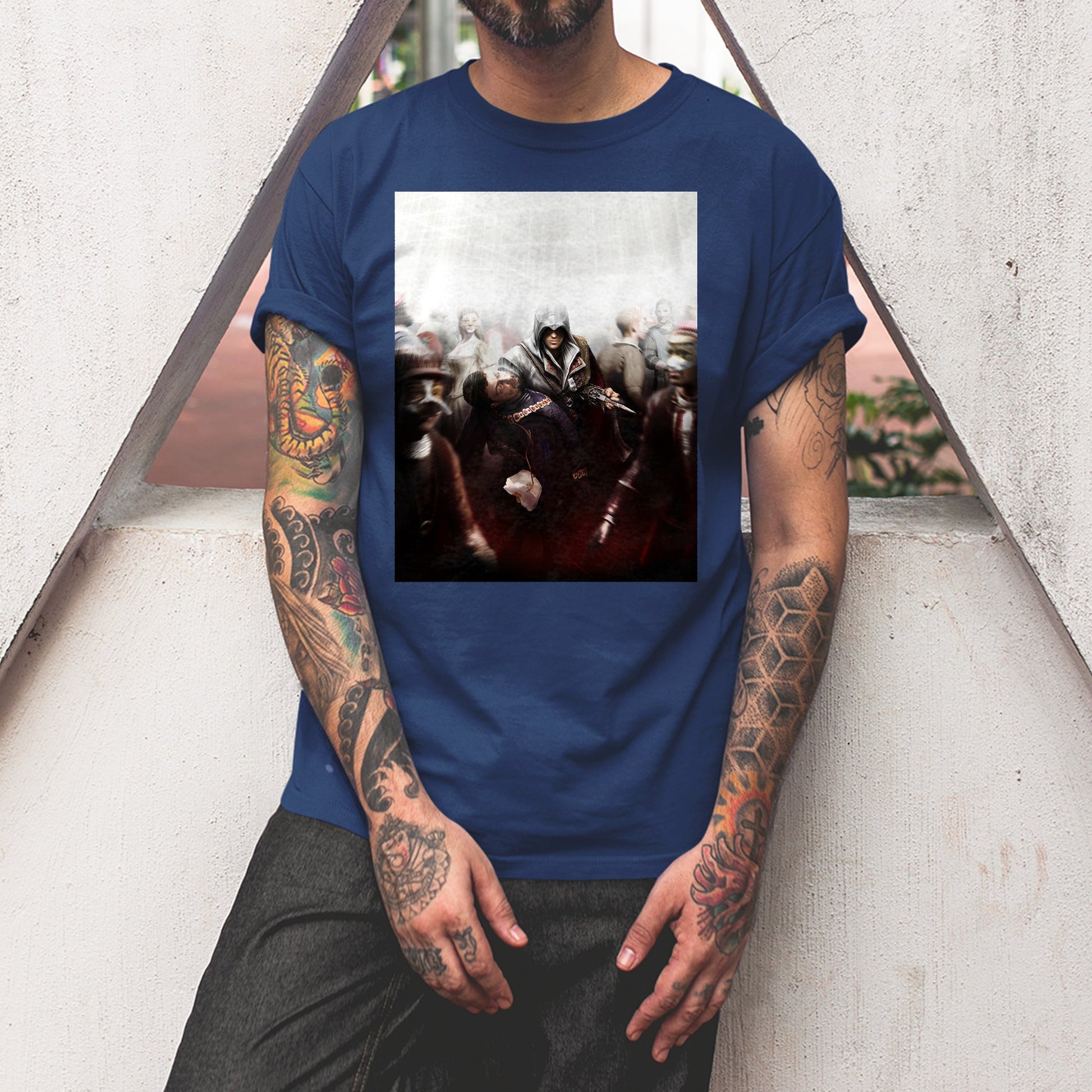 Assassin's Creed II assassination promo art tee worn by a model, navy