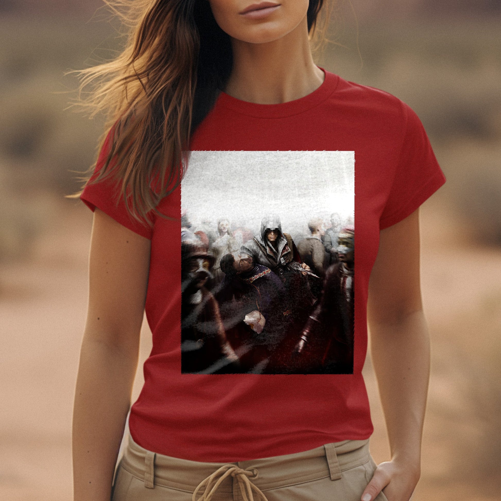 Assassin's Creed II assassination promo art tee worn by a model, red
