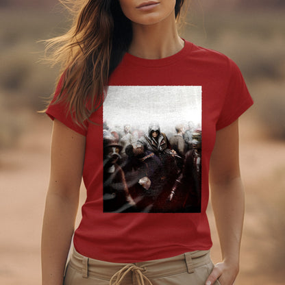Assassin's Creed II assassination promo art tee worn by a model, red