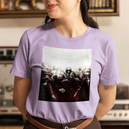 Assassin's Creed II assassination promo art tee worn by a model, violet