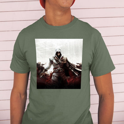 Assassin's Creed II cover art tee worn by a model in a cap, green