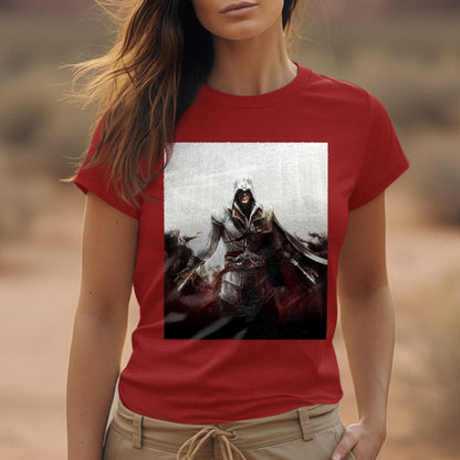 Assassin's Creed II cover art tee worn by a model, red