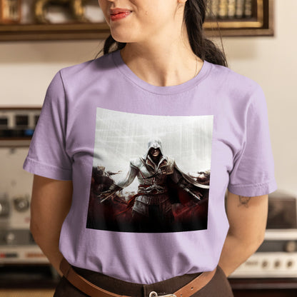 Assassin's Creed II cover art tee worn by a model, violet