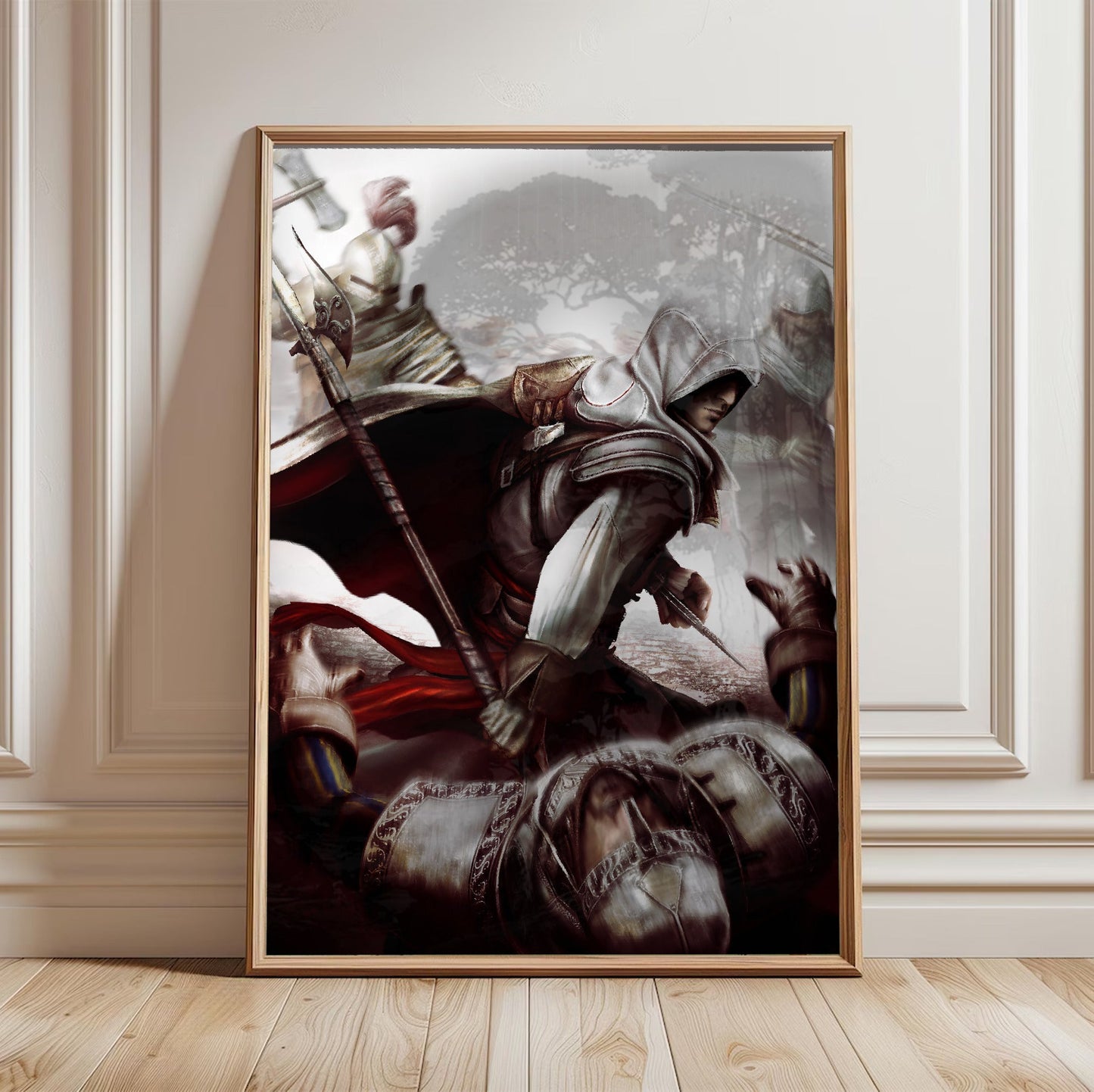 Assassin's Creed II Ezio fighting guards art in a light oak frame leaning against a white wall