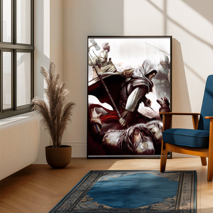 Assassin's Creed II Ezio fighting guards art framed beside a blue armchair in a sunlit room