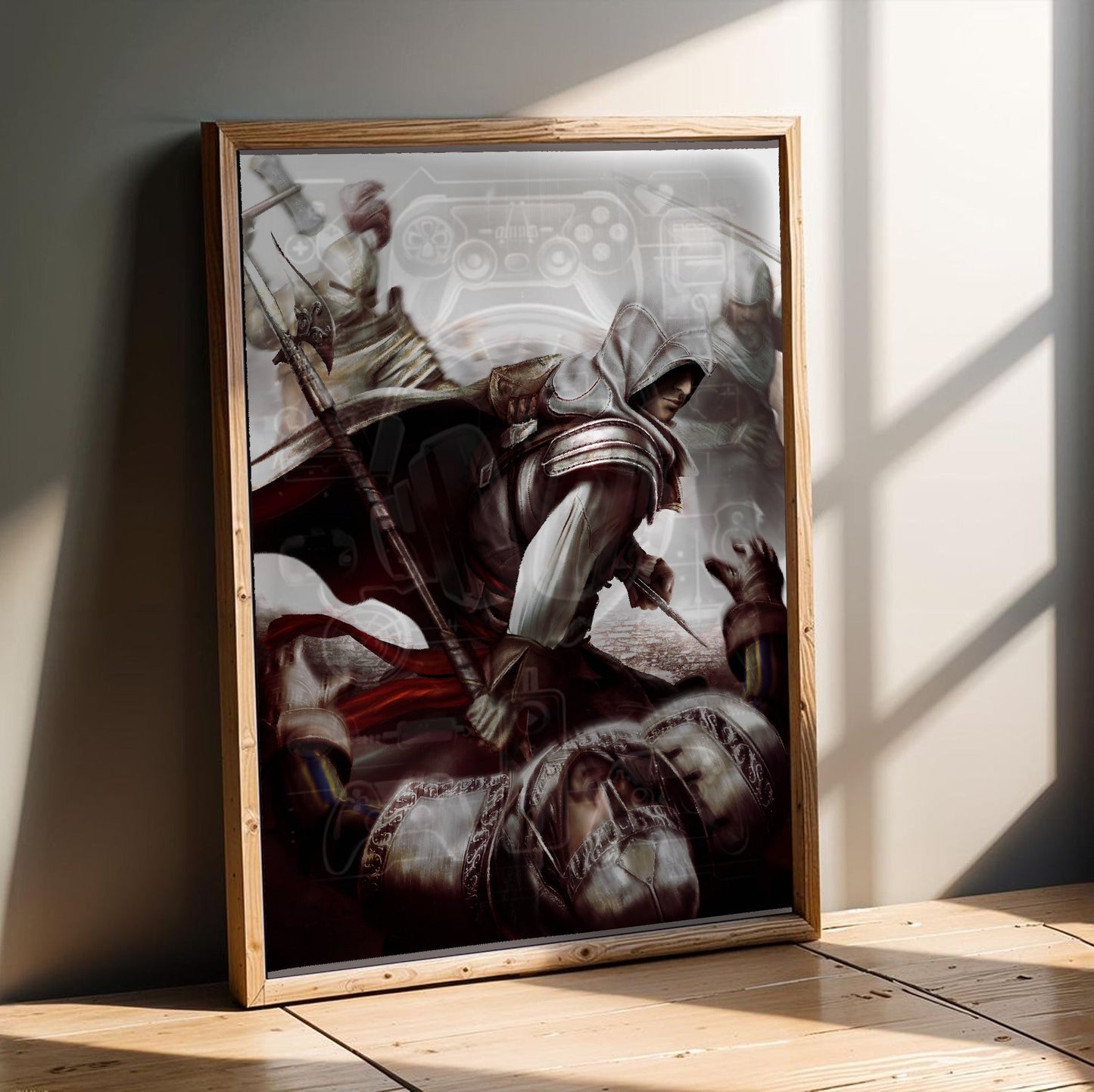 Assassin's Creed II Ezio fighting guards art in an oak frame leaning on a wooden floor