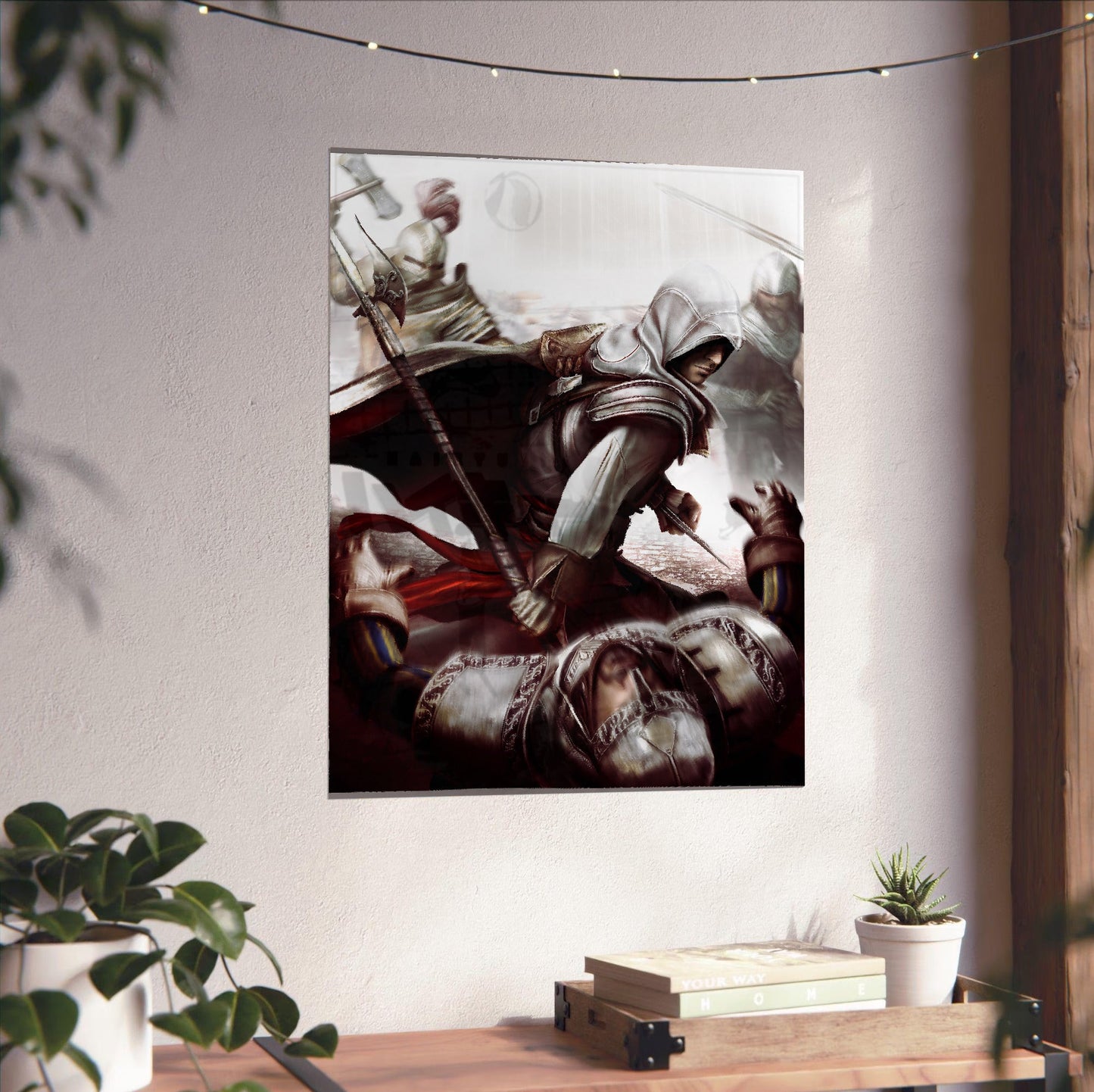 Assassin's Creed II Ezio fighting guards art unframed on a white wall above a desk