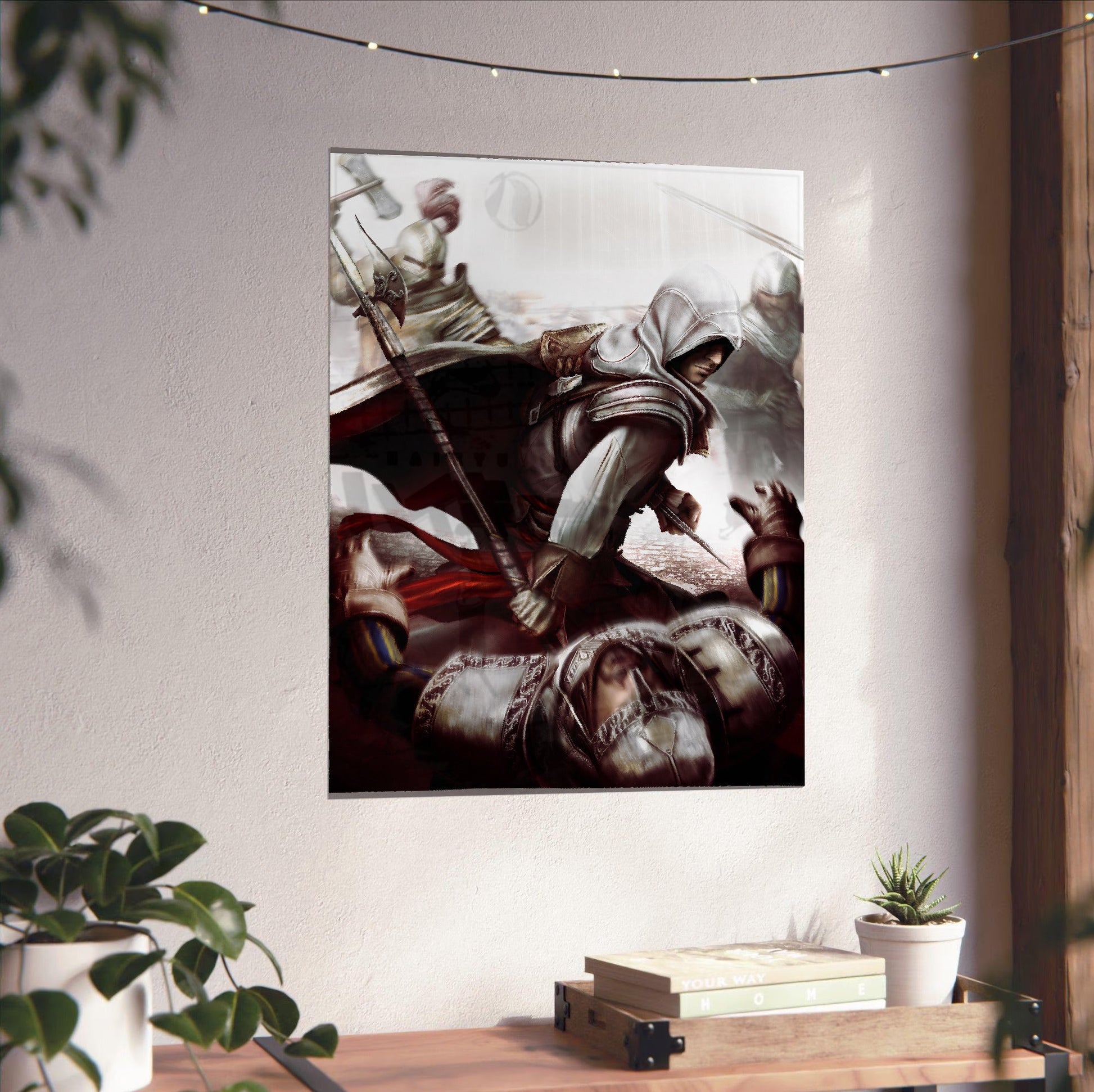 Assassin's Creed II Ezio fighting guards art unframed on a white wall above a desk