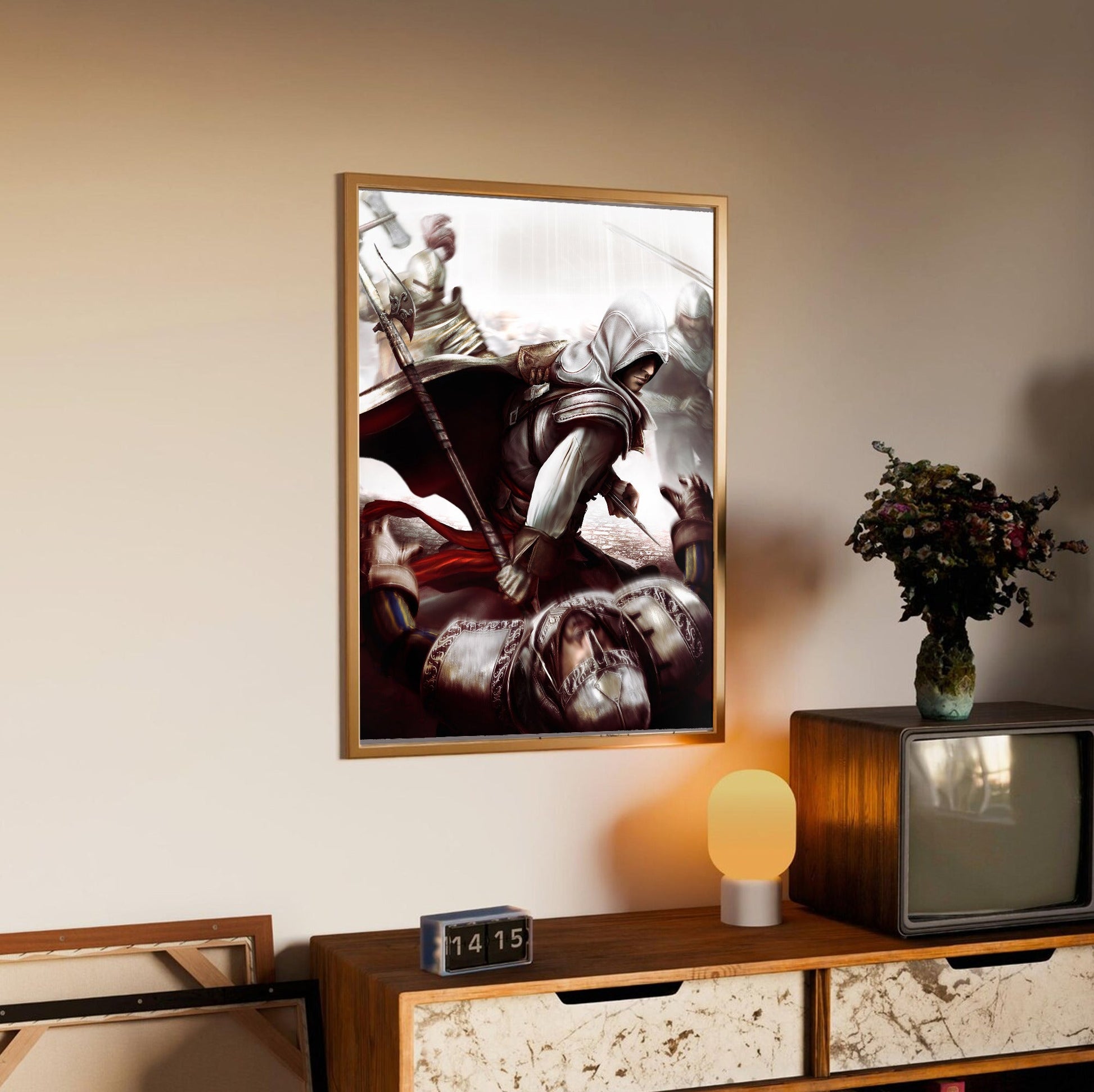 Assassin's Creed II Ezio fighting guards art in an oak frame above a sideboard
