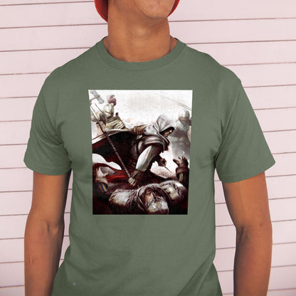 Assassin's Creed II Ezio fighting guards tee worn by a model in a cap, green