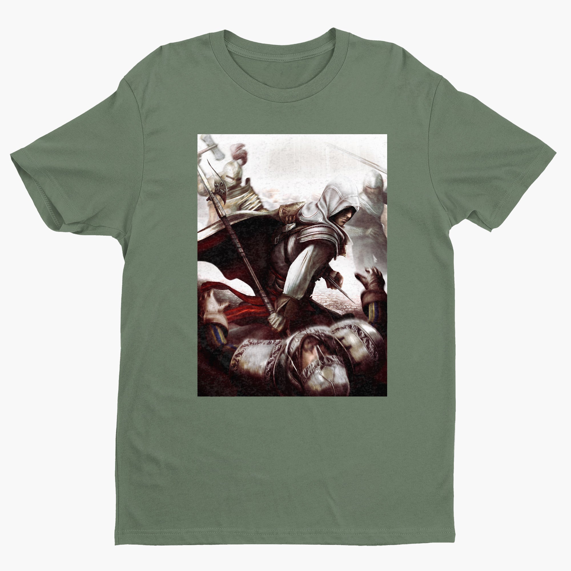 Assassin's Creed II Ezio fighting guards tee - green unisex t-shirt, front view