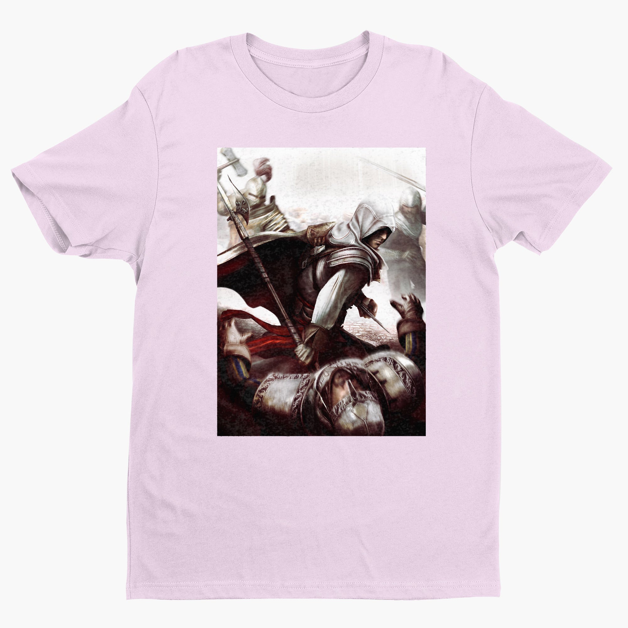 Assassin's Creed II Ezio fighting guards tee - light pink unisex t-shirt, front view