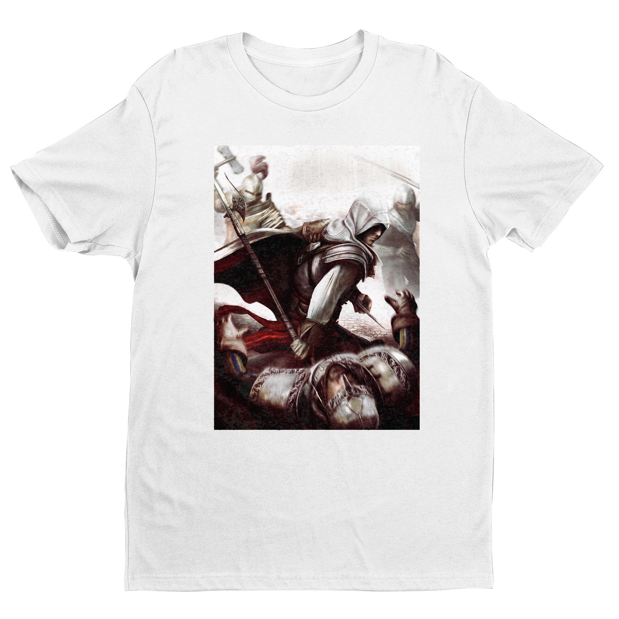 Assassin's Creed II Ezio fighting guards tee - white unisex t-shirt, front view
