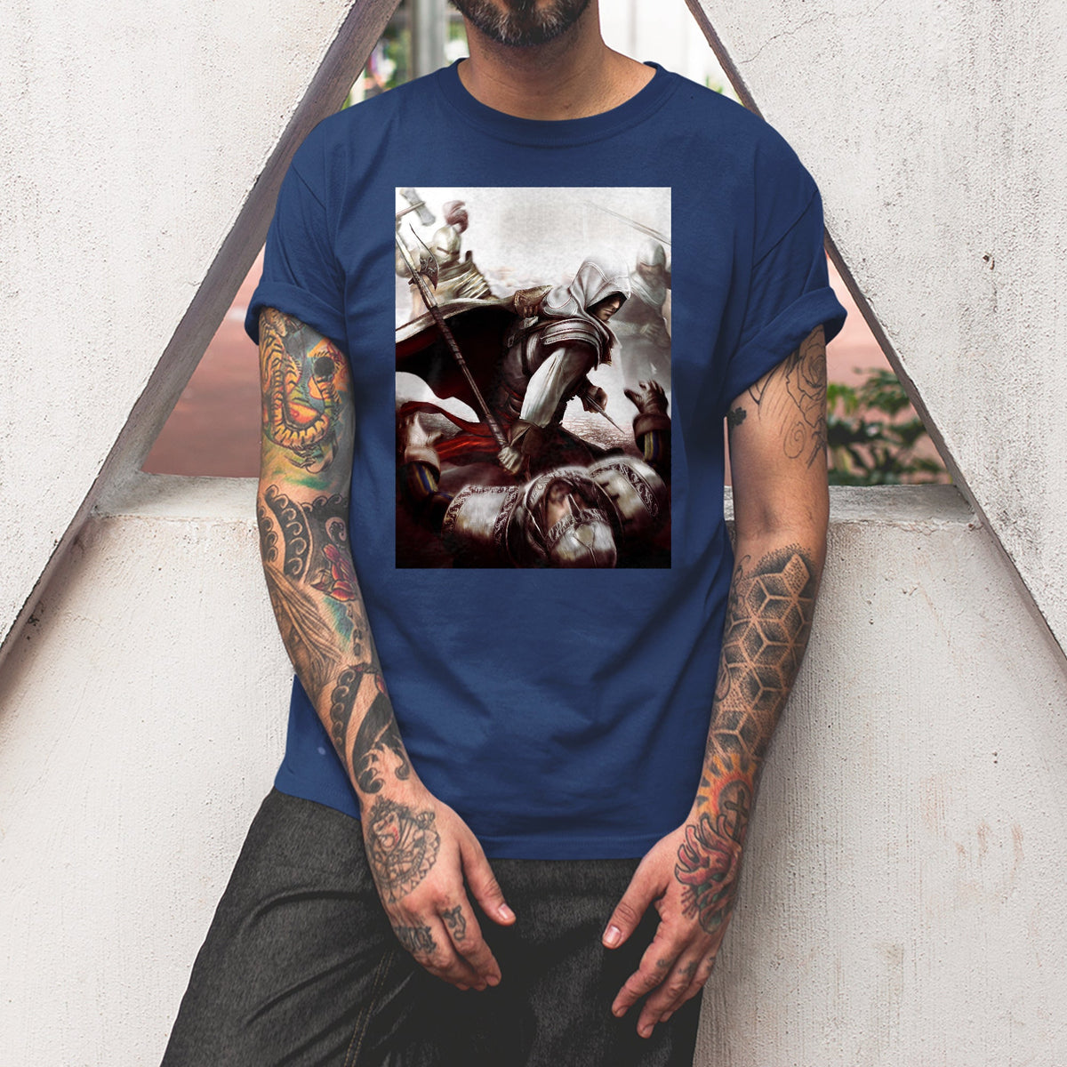 Assassin's Creed II Ezio fighting guards tee worn by a model, navy