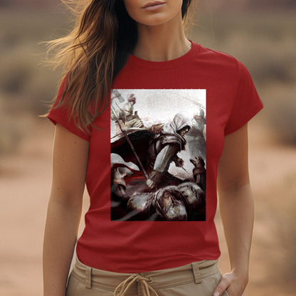 Assassin's Creed II Ezio fighting guards tee worn by a model, red