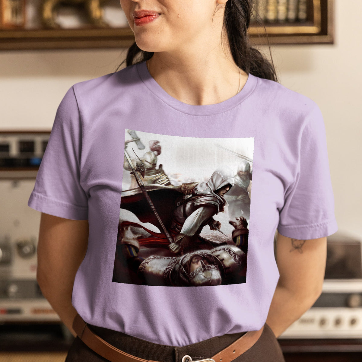 Assassin's Creed II Ezio fighting guards tee worn by a model, violet