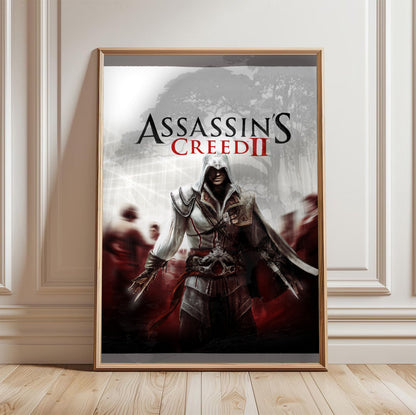 Assassin's Creed II key art in a light oak frame leaning against a white wall