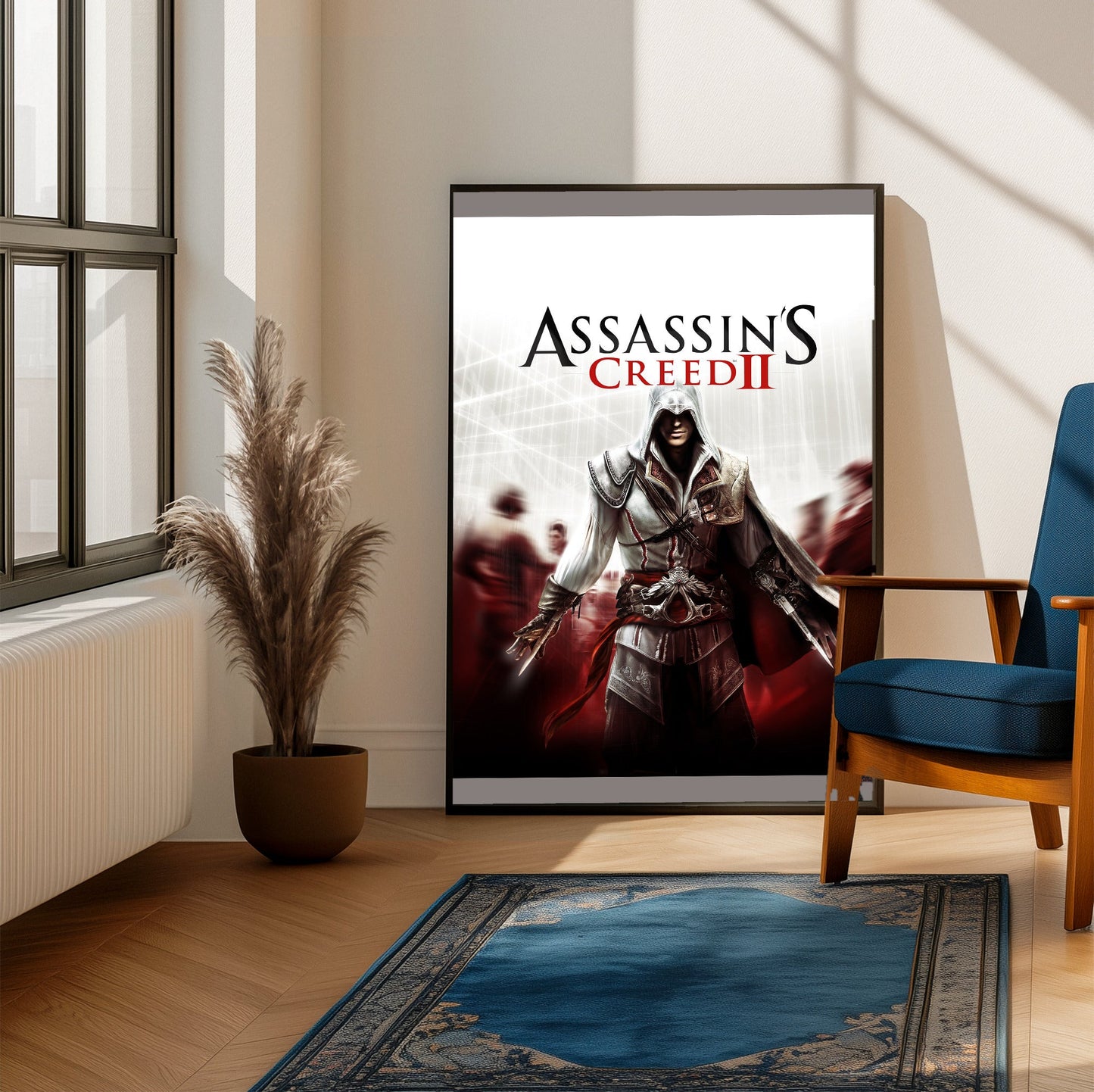 Assassin's Creed II key art framed beside a blue armchair in a sunlit room