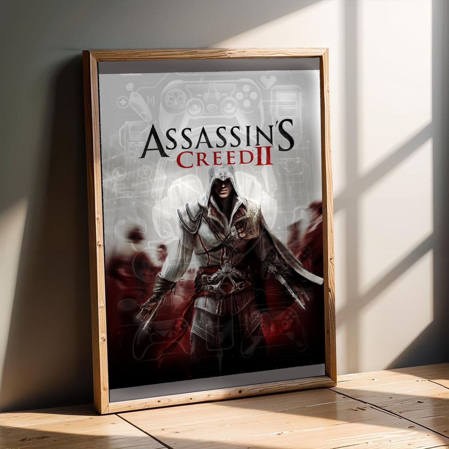 Assassin's Creed II key art in an oak frame leaning on a wooden floor