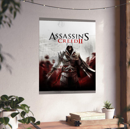 Assassin's Creed II key art unframed on a white wall above a desk