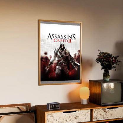 Assassin's Creed II key art in an oak frame above a sideboard