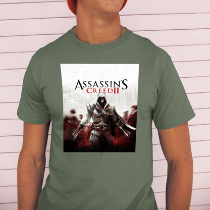 Assassin's Creed II key art tee worn by a model in a cap, green