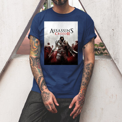 Assassin's Creed II key art tee worn by a model, navy