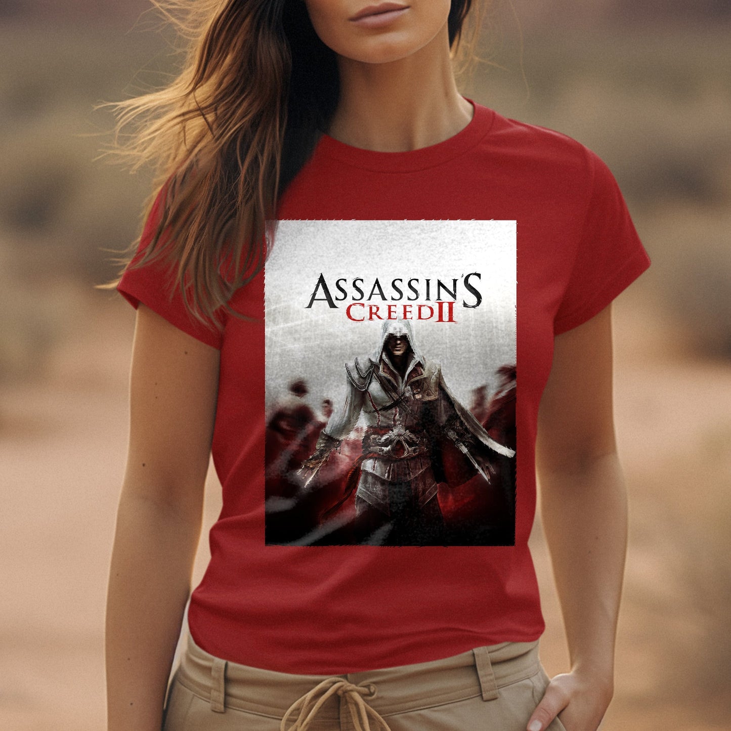 Assassin's Creed II key art tee worn by a model, red