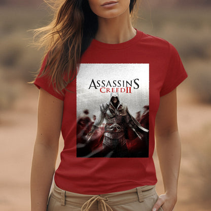 Assassin's Creed II key art tee worn by a model, red